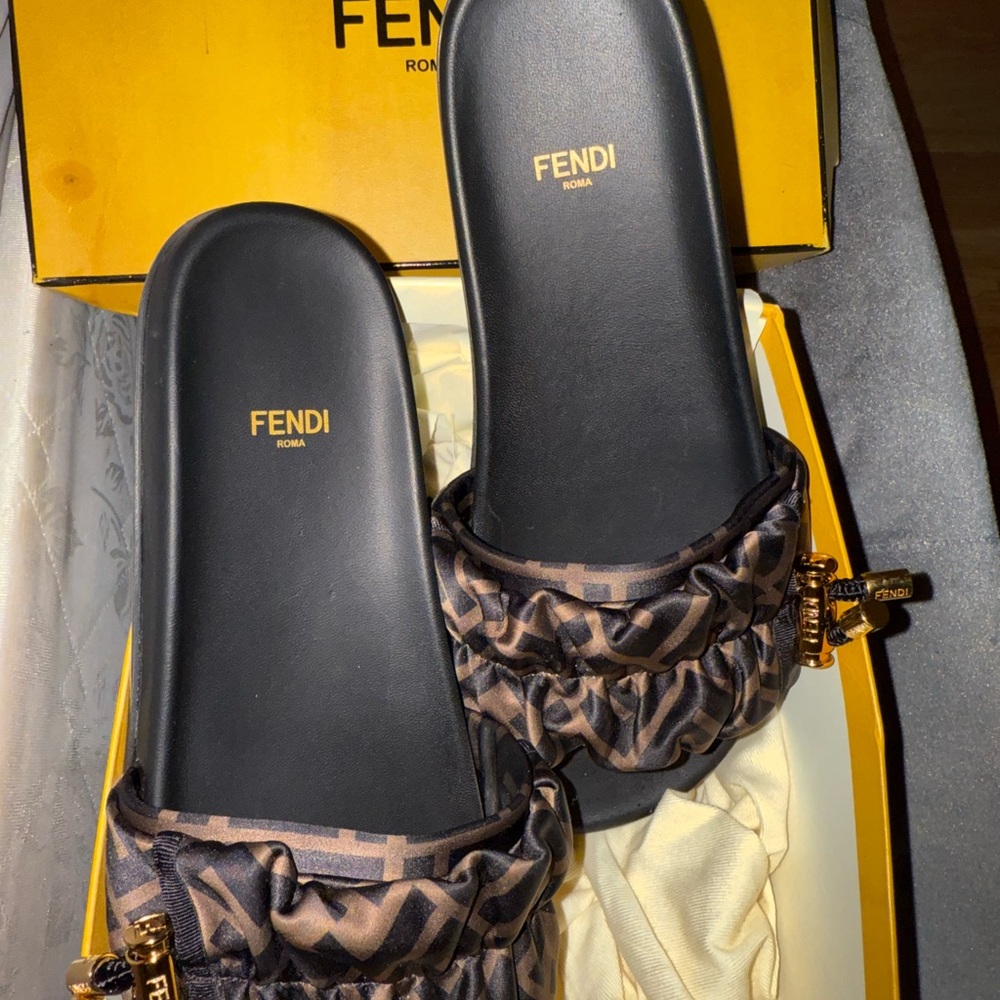 Fendi Black and Brown Patterned Slide Sandals